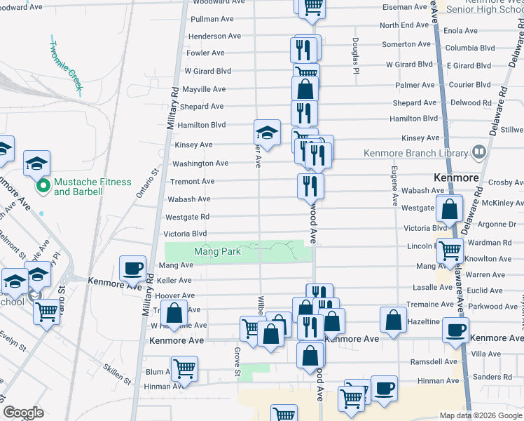 map of restaurants, bars, coffee shops, grocery stores, and more near 309 Westgate Road in Buffalo