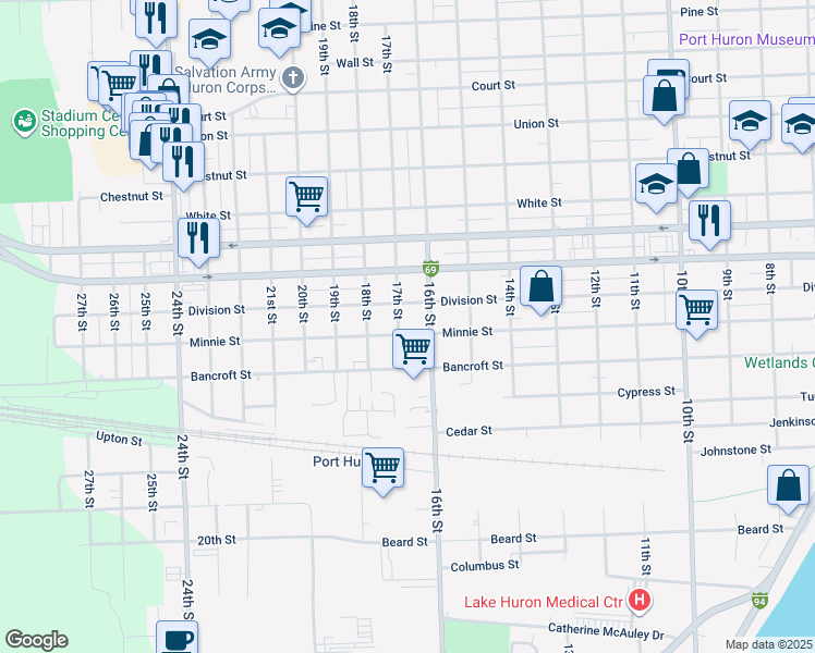 map of restaurants, bars, coffee shops, grocery stores, and more near 1818 17th Street in Port Huron