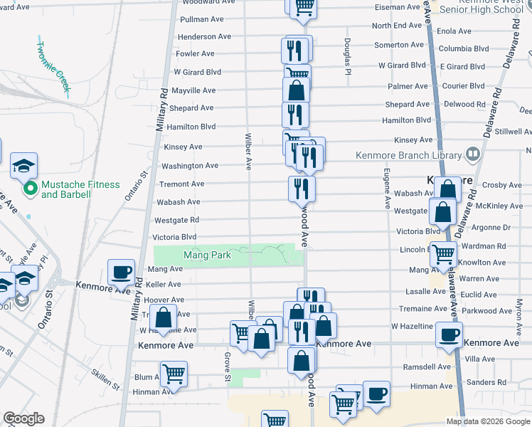 map of restaurants, bars, coffee shops, grocery stores, and more near 271 Westgate Road in Buffalo