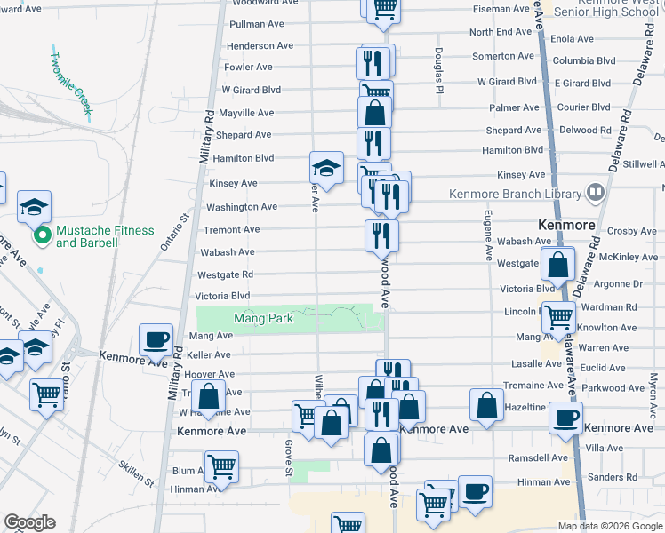 map of restaurants, bars, coffee shops, grocery stores, and more near 309 Westgate Road in Buffalo