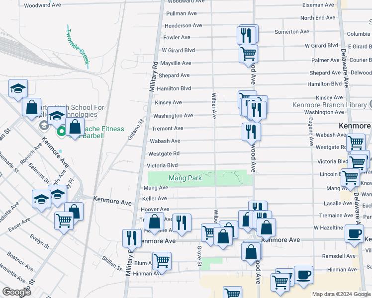 map of restaurants, bars, coffee shops, grocery stores, and more near 389 Westgate Road in Buffalo