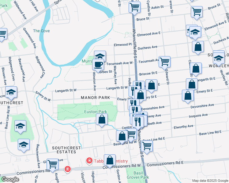 map of restaurants, bars, coffee shops, grocery stores, and more near 64 Mackay Avenue in London