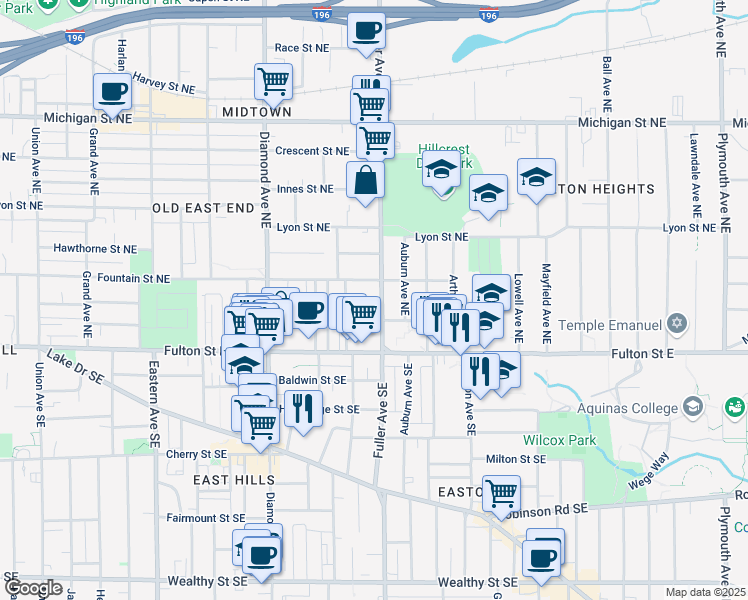 map of restaurants, bars, coffee shops, grocery stores, and more near 64 Fuller Avenue Northeast in Grand Rapids