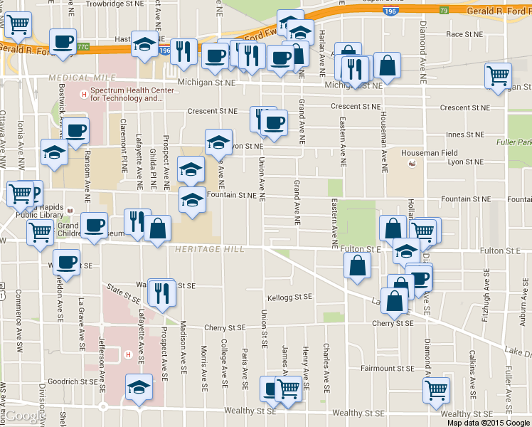 map of restaurants, bars, coffee shops, grocery stores, and more near 51 Union Avenue Northeast in Grand Rapids