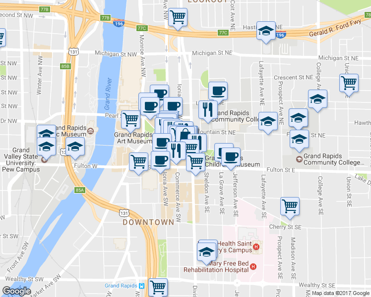map of restaurants, bars, coffee shops, grocery stores, and more near 60 Division Avenue North in Grand Rapids