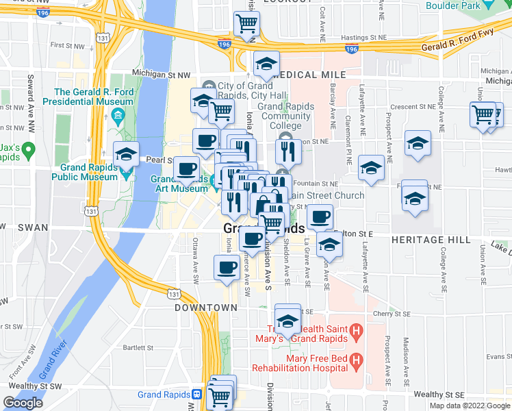 map of restaurants, bars, coffee shops, grocery stores, and more near 60 Division Avenue North in Grand Rapids