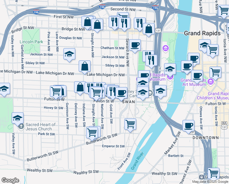 map of restaurants, bars, coffee shops, grocery stores, and more near 51 Lexington Avenue Northwest in Grand Rapids
