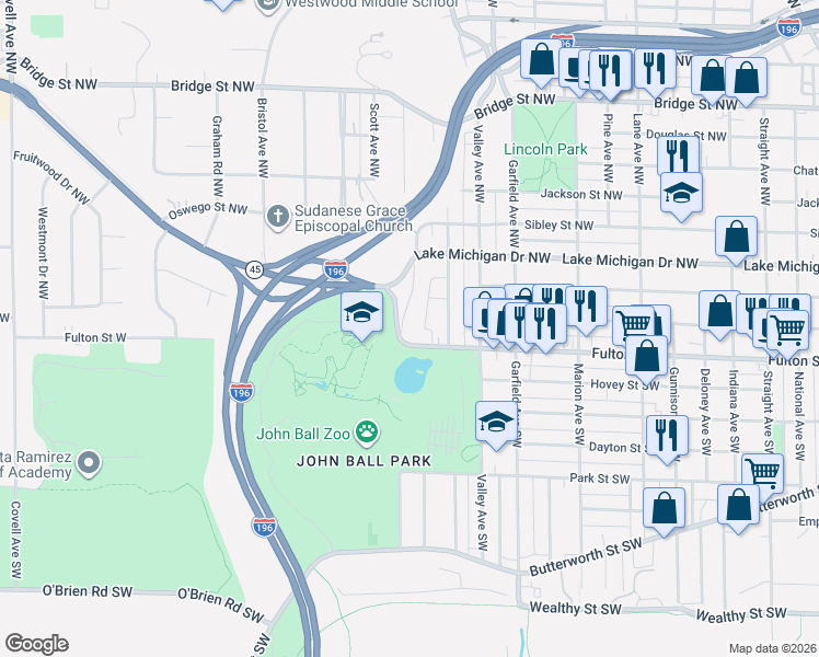 map of restaurants, bars, coffee shops, grocery stores, and more near 1325 Fulton Street West in Grand Rapids