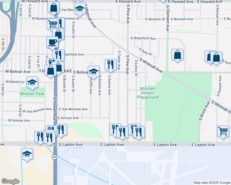 map of restaurants, bars, coffee shops, grocery stores, and more near 4390 South Quincy Avenue in Milwaukee