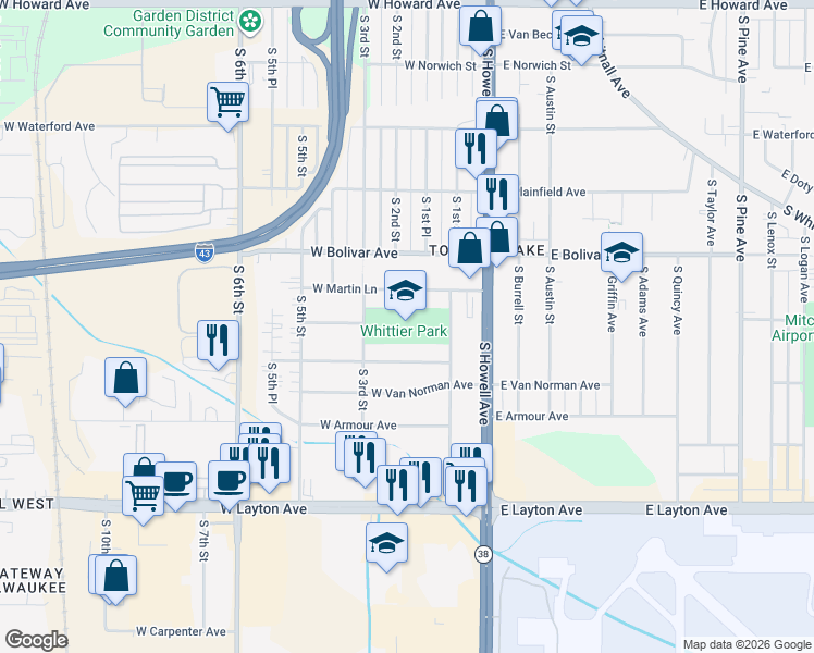 map of restaurants, bars, coffee shops, grocery stores, and more near 4382 South 3rd Street in Milwaukee