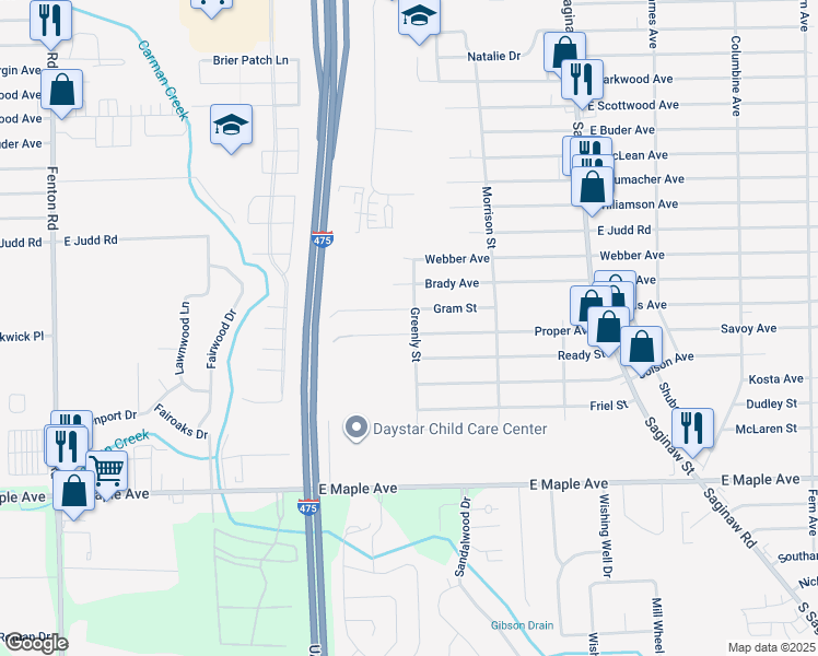 map of restaurants, bars, coffee shops, grocery stores, and more near 1349 Proper Avenue in Burton
