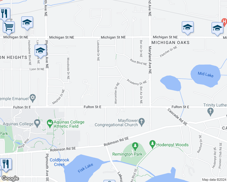 map of restaurants, bars, coffee shops, grocery stores, and more near 2161 Kruppvilla Drive Northeast in Grand Rapids