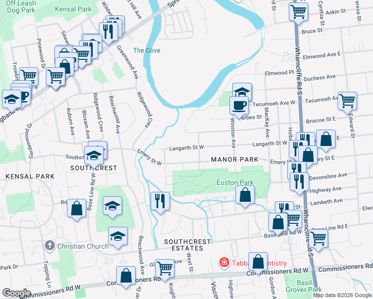 map of restaurants, bars, coffee shops, grocery stores, and more near 123 Langarth Street West in London