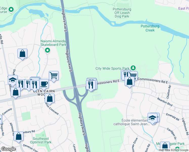 map of restaurants, bars, coffee shops, grocery stores, and more near 179 Meadowlily Road South in London