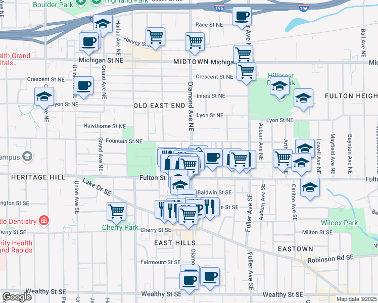 map of restaurants, bars, coffee shops, grocery stores, and more near 55 Diamond Avenue Northeast in Grand Rapids