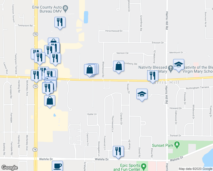 map of restaurants, bars, coffee shops, grocery stores, and more near 8265 Main Street in Buffalo