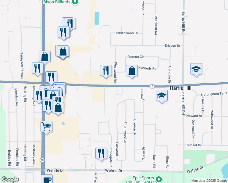 map of restaurants, bars, coffee shops, grocery stores, and more near 8255 Main Street in Williamsville