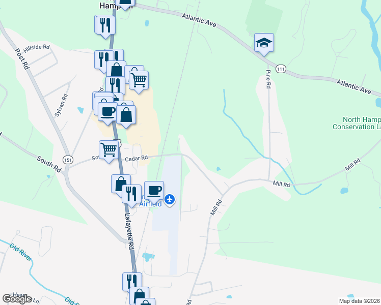 map of restaurants, bars, coffee shops, grocery stores, and more near 23 Cedar Road in North Hampton