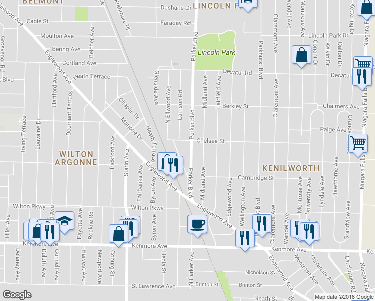 map of restaurants, bars, coffee shops, grocery stores, and more near 990 Parker Boulevard in Buffalo