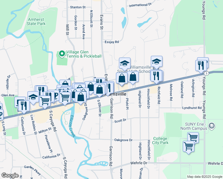 map of restaurants, bars, coffee shops, grocery stores, and more near 5782 Main Street in Williamsville