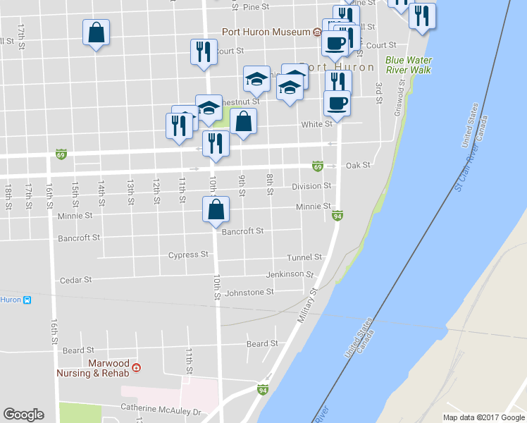 map of restaurants, bars, coffee shops, grocery stores, and more near 826 Minnie Street in Port Huron