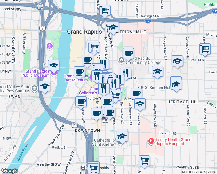 map of restaurants, bars, coffee shops, grocery stores, and more near 60 Division Avenue North in Grand Rapids