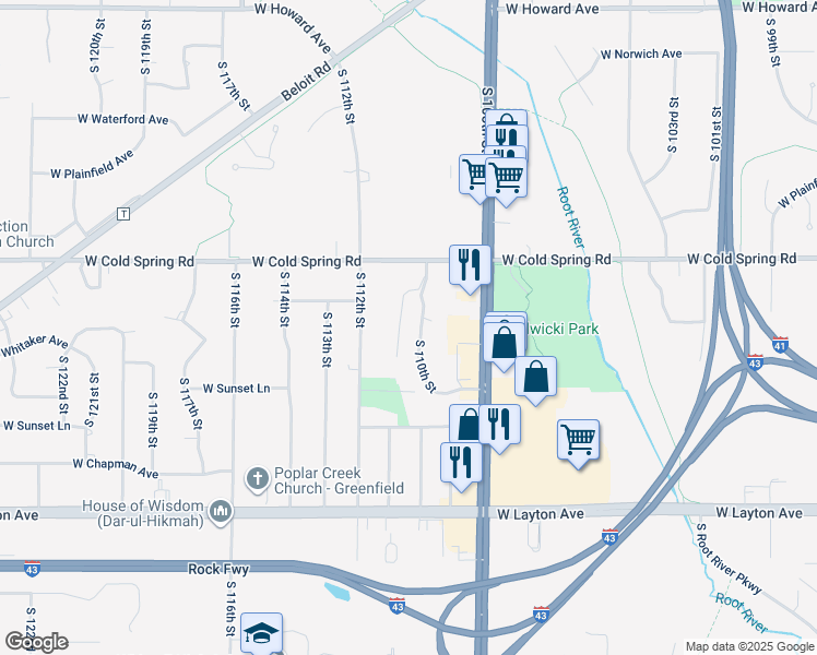 map of restaurants, bars, coffee shops, grocery stores, and more near 4401 South 110th Street in Greenfield