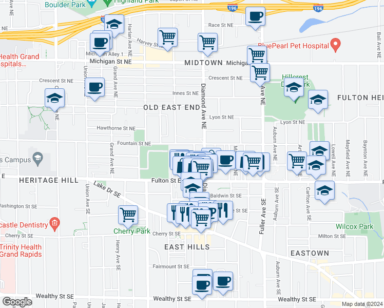 map of restaurants, bars, coffee shops, grocery stores, and more near 57 Holland Avenue Northeast in Grand Rapids