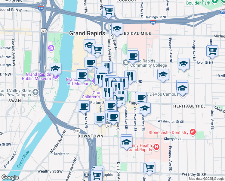 map of restaurants, bars, coffee shops, grocery stores, and more near 56 Monroe Center Street Northwest in Grand Rapids