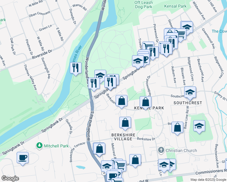 map of restaurants, bars, coffee shops, grocery stores, and more near 502 Springbank Drive in London
