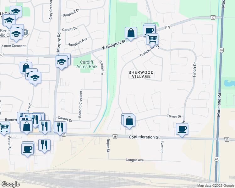 map of restaurants, bars, coffee shops, grocery stores, and more near 329 Trudeau Drive in Sarnia