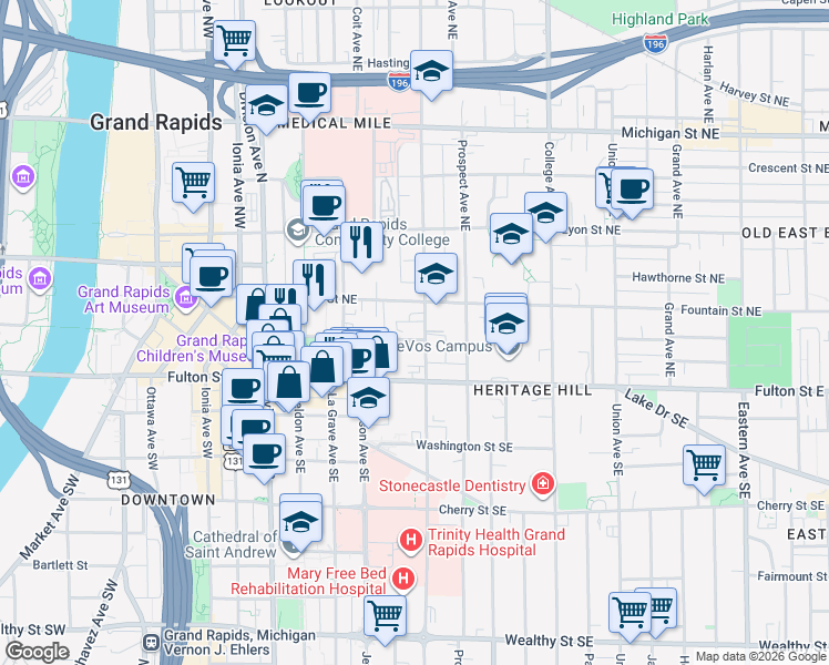 map of restaurants, bars, coffee shops, grocery stores, and more near 47 Lafayette Avenue Northeast in Grand Rapids