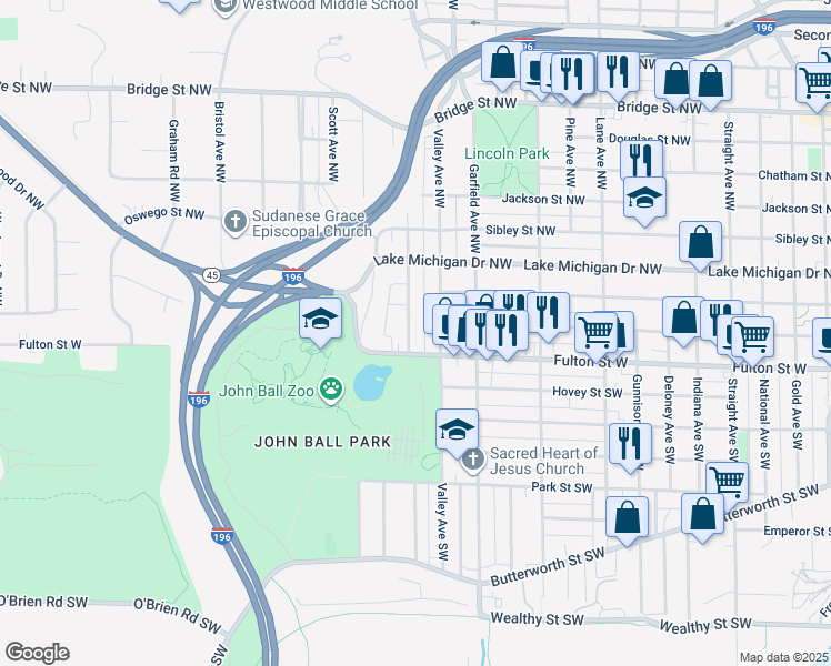 map of restaurants, bars, coffee shops, grocery stores, and more near 20 Richards Avenue Northwest in Grand Rapids