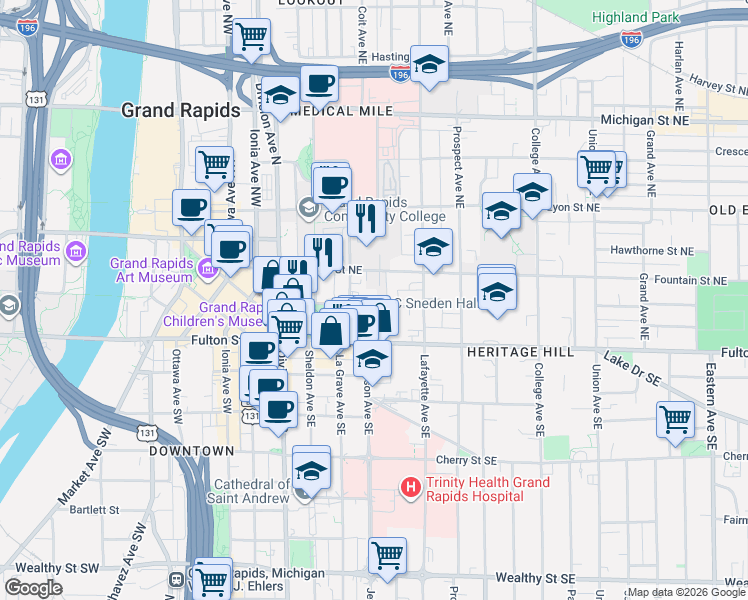 map of restaurants, bars, coffee shops, grocery stores, and more near 50 Ransom Avenue Northeast in Grand Rapids