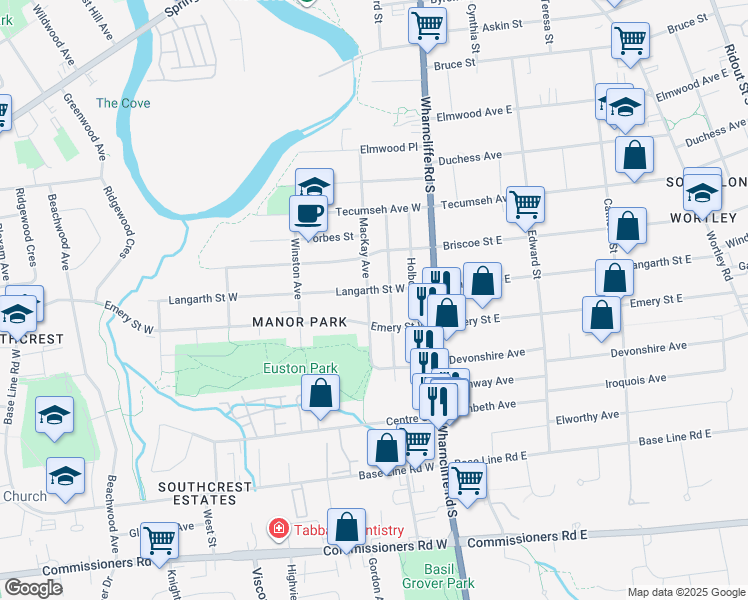 map of restaurants, bars, coffee shops, grocery stores, and more near 64 Mackay Avenue in London