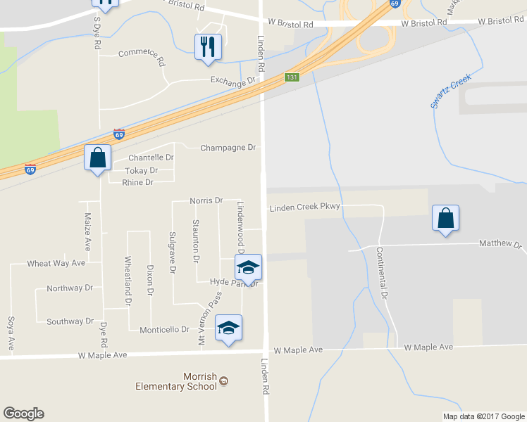 map of restaurants, bars, coffee shops, grocery stores, and more near 4305 S Linden Rd in Flint Township