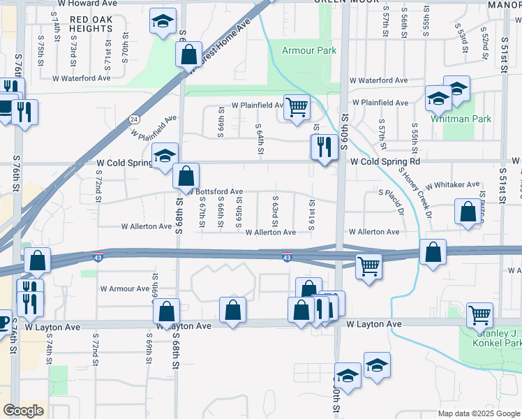 map of restaurants, bars, coffee shops, grocery stores, and more near 4436 South 64th Street in Greenfield