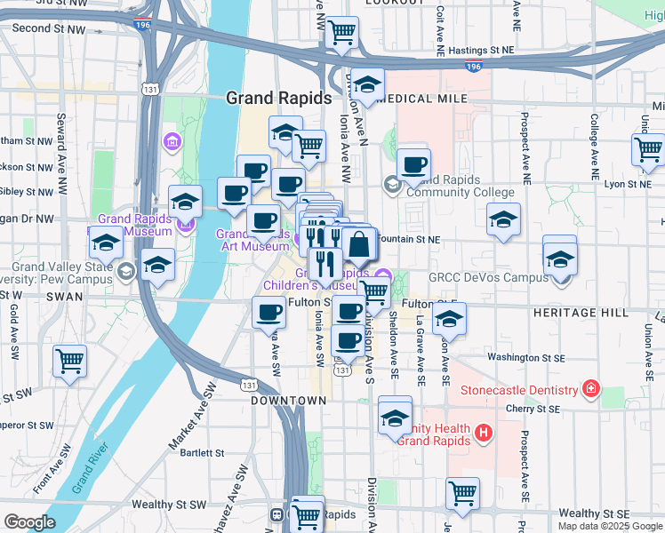 map of restaurants, bars, coffee shops, grocery stores, and more near 77 Monroe Center Street Northwest in Grand Rapids