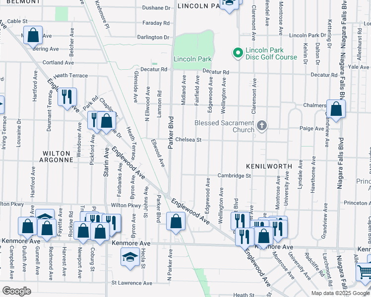 map of restaurants, bars, coffee shops, grocery stores, and more near 129 Midland Avenue in Buffalo
