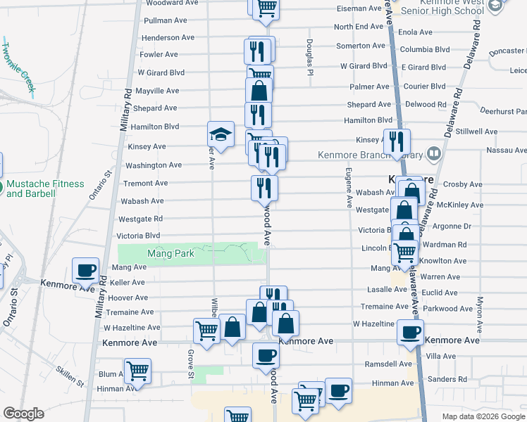 map of restaurants, bars, coffee shops, grocery stores, and more near 2470 Elmwood Avenue in Buffalo