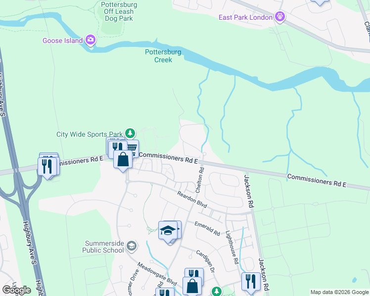 map of restaurants, bars, coffee shops, grocery stores, and more near 1110 Meadowlark Ridge in London