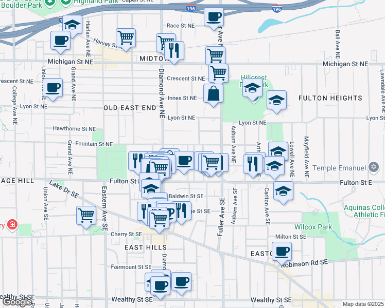 map of restaurants, bars, coffee shops, grocery stores, and more near 60 Caroline Place Northeast in Grand Rapids