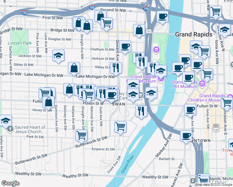 map of restaurants, bars, coffee shops, grocery stores, and more near 35 Seward Avenue Northwest in Grand Rapids