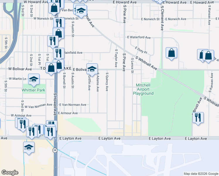 map of restaurants, bars, coffee shops, grocery stores, and more near 4390 South Quincy Avenue in Milwaukee