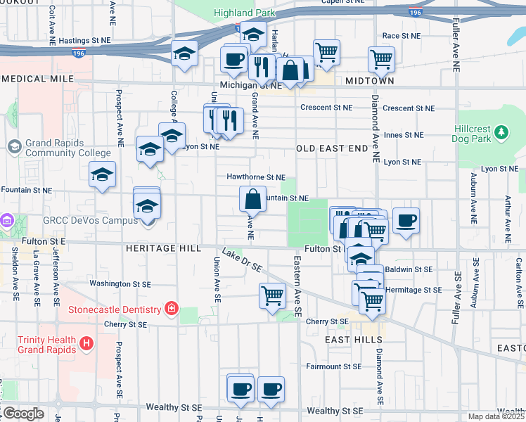 map of restaurants, bars, coffee shops, grocery stores, and more near 717 Atwood Street Northeast in Grand Rapids