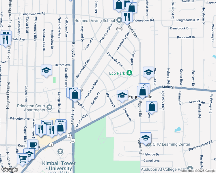 map of restaurants, bars, coffee shops, grocery stores, and more near 93 Maynard Drive in Buffalo