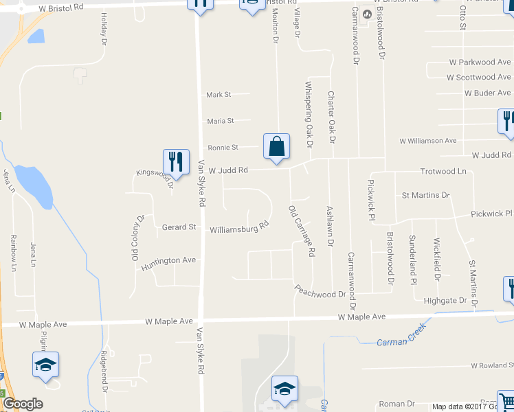 map of restaurants, bars, coffee shops, grocery stores, and more near 4345 Captains Lane in Flint