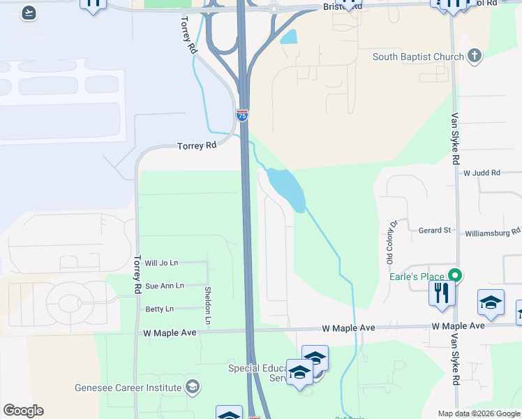 map of restaurants, bars, coffee shops, grocery stores, and more near 4430 Rainbow Lane in Flint