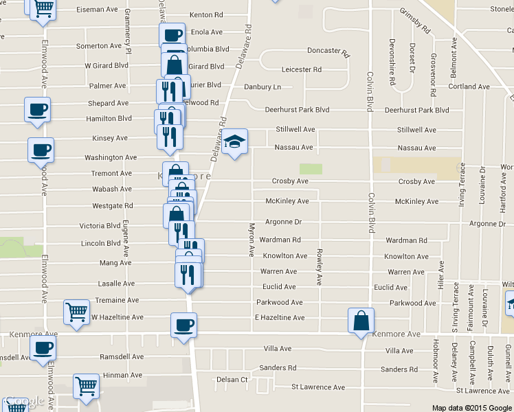 map of restaurants, bars, coffee shops, grocery stores, and more near 89 McKinley Ave in Buffalo