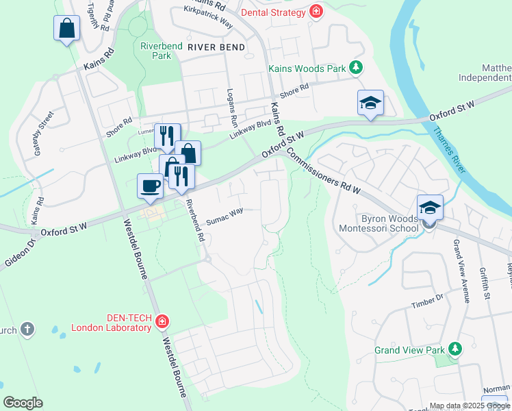 map of restaurants, bars, coffee shops, grocery stores, and more near 1554 Warbler Woods Walk in London